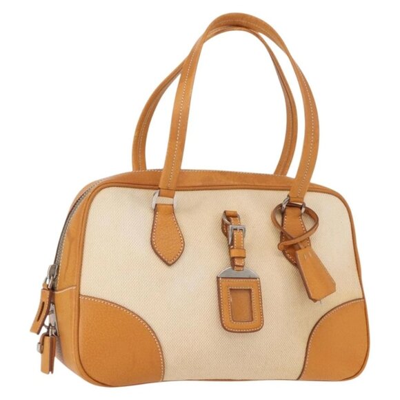 PRADA Boston Bag Canvas Beige Silver Auth ep12540